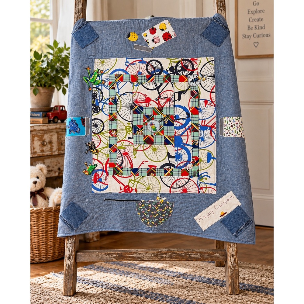 Handmade Happy Campers Quilt 46x50 Bicycle Frog Denim Patchwork Kids Quilt